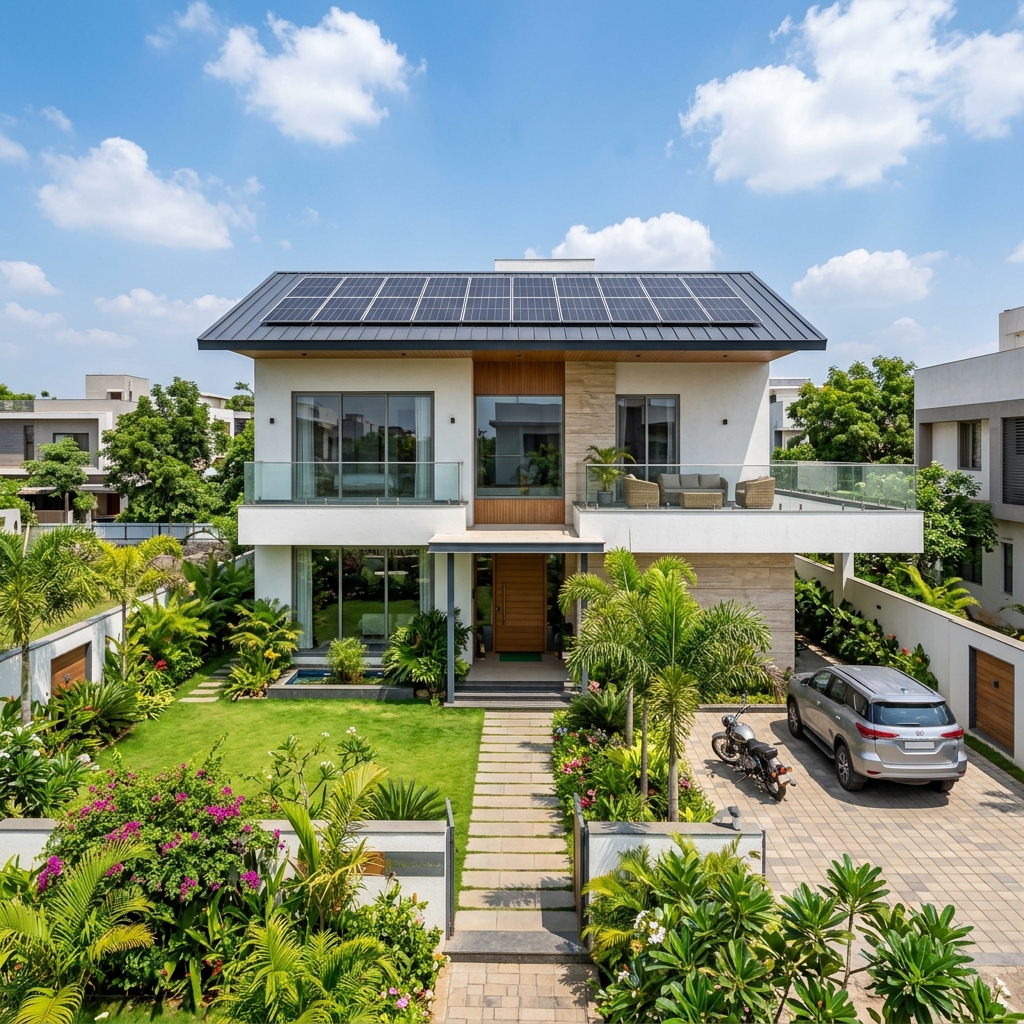 Residential solar panel installation on house rooftop